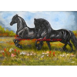 Obraz fríský kůň, koně, olejomalba - tisk