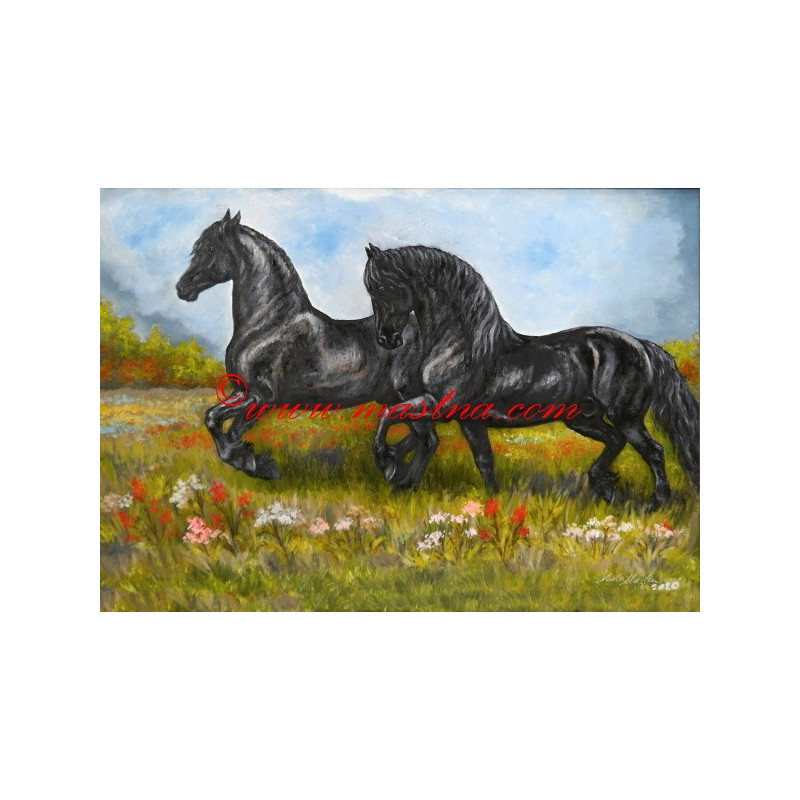 Obraz fríský kůň, koně, olejomalba - tisk