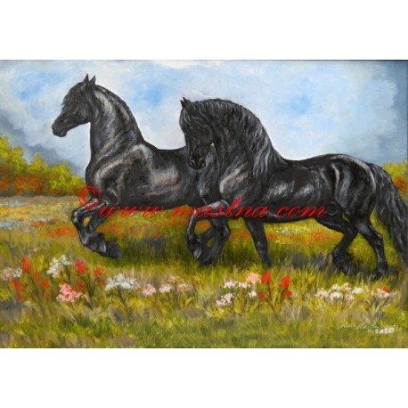 Obraz fríský kůň, koně, olejomalba - tisk