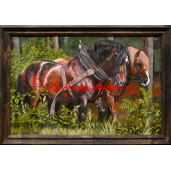 Portrét ve starém stylu - koně, chladnokrevníci, olejomalba