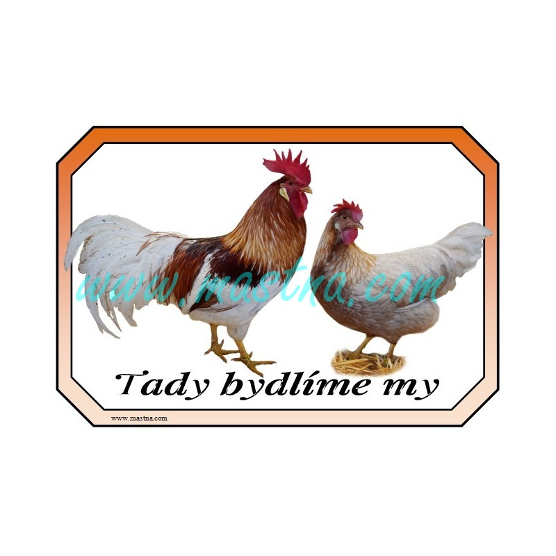Vlaška červeně sedlatá zlatokrká, cedulka drůbež bydlíme