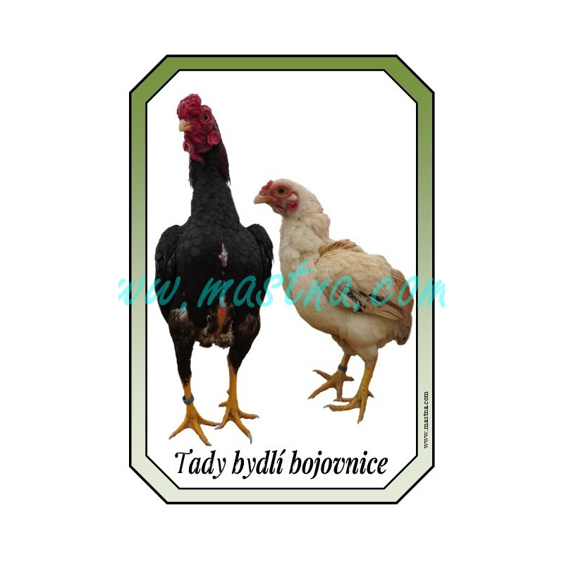 Bojovnice ko-šamo, cedulka drůbež bydlíme