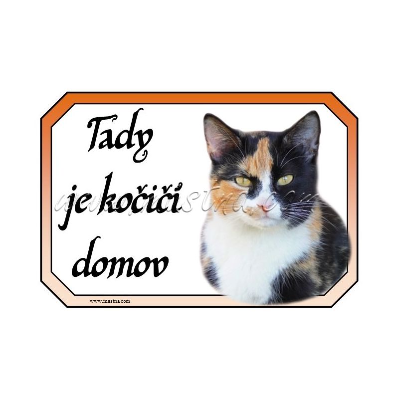 Kočka tříbarevná cedulka domov