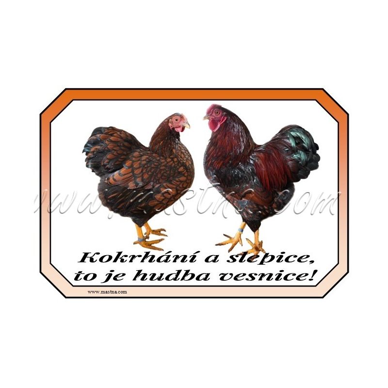 Vyandotka zdrobnělá zlatá, drůbež, cedulka vesnice