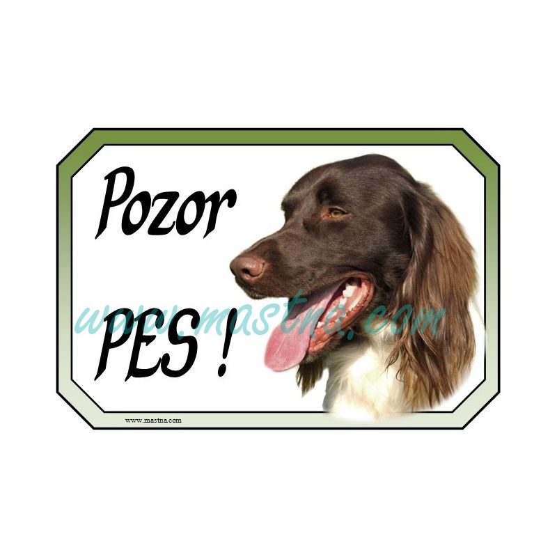 Ohař münsterlandský, německý dlouhosrstý, cedulka pozor