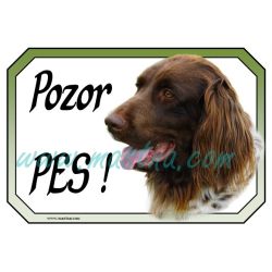 Ohař německý dlouhosrstý bělouš, cedulka pozor