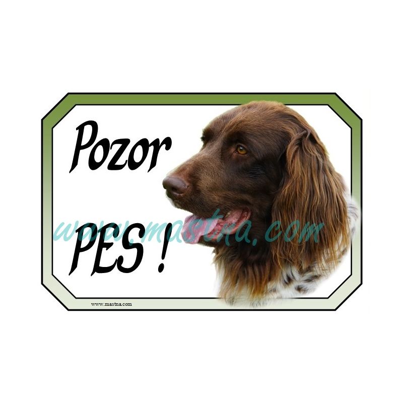 Ohař německý dlouhosrstý bělouš, cedulka pozor