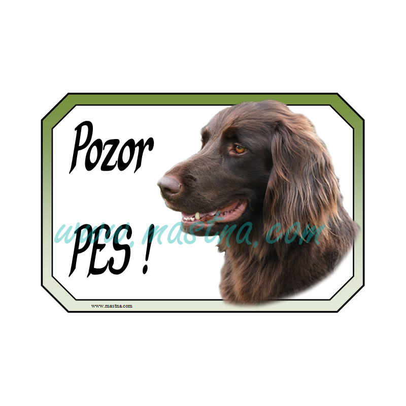 Ohař německý dlouhosrstý hnědák, cedulka pozor