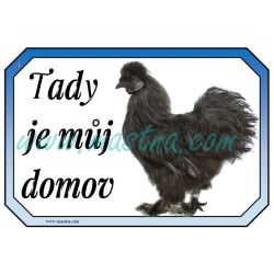 Cedulka drůbež, kohout hedvábnička černá, domov, slepice