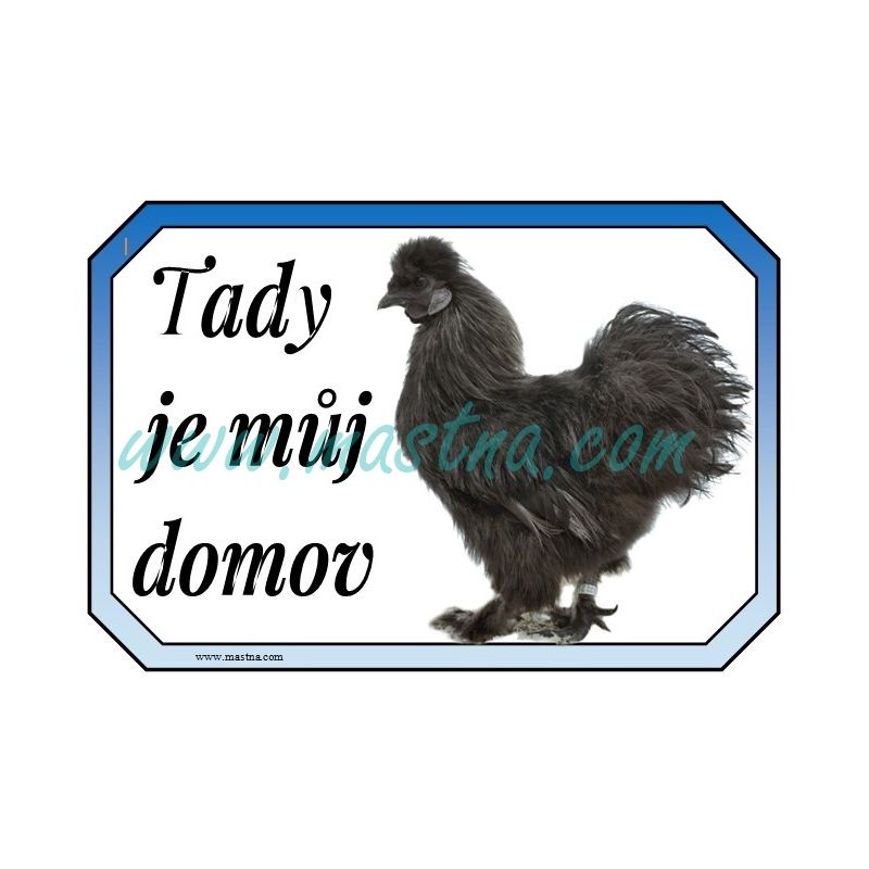 Cedulka drůbež, kohout hedvábnička černá, domov, slepice