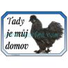 Cedulka drůbež, kohout hedvábnička černá, domov, slepice